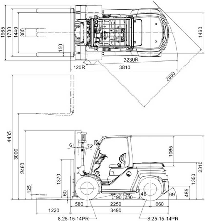 kích thước và trọng lượng xe nâng 6 tấn